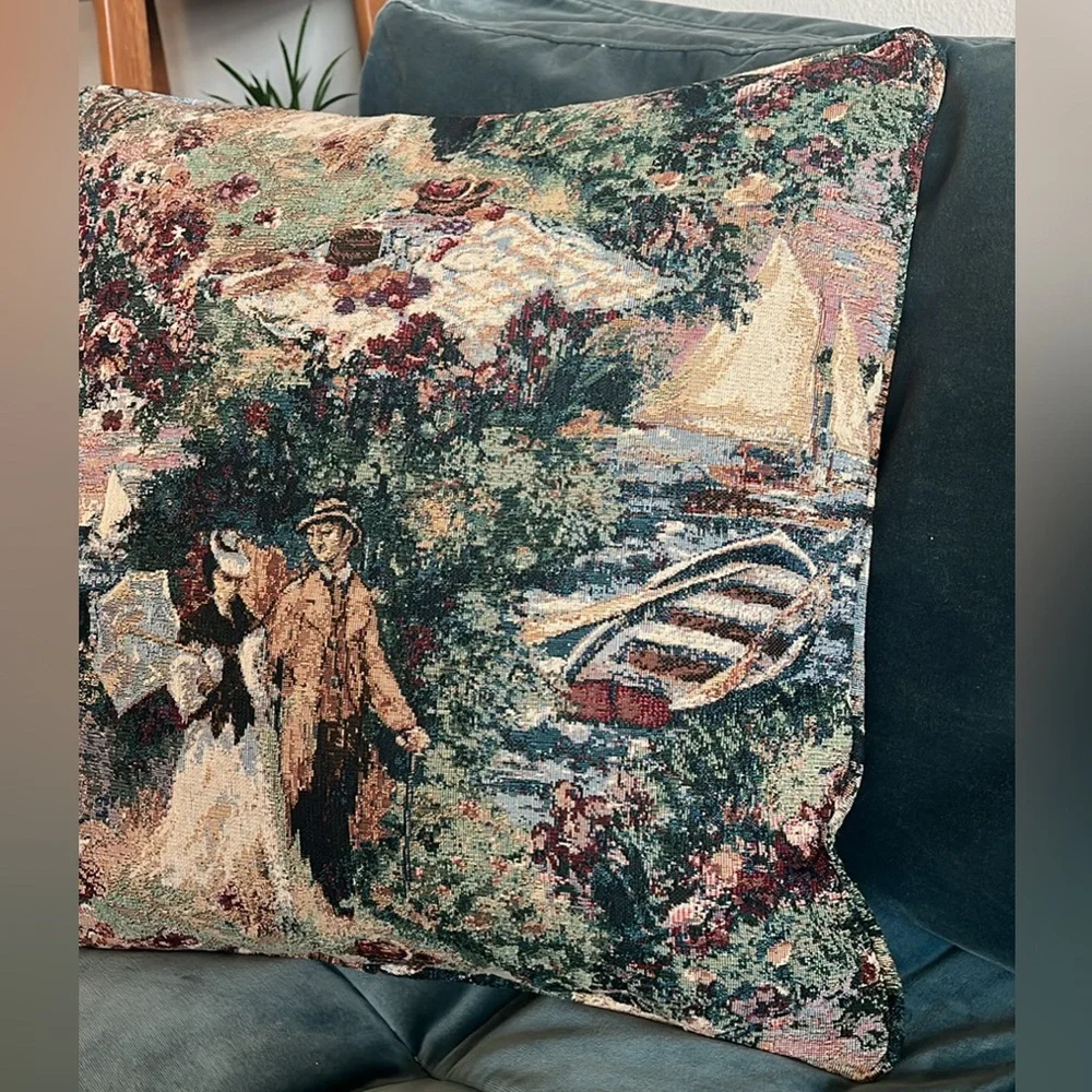 Vintage Tapestry Accent Throw Pillow Victorian Sail Boats Nautical - Picture 3 of 10